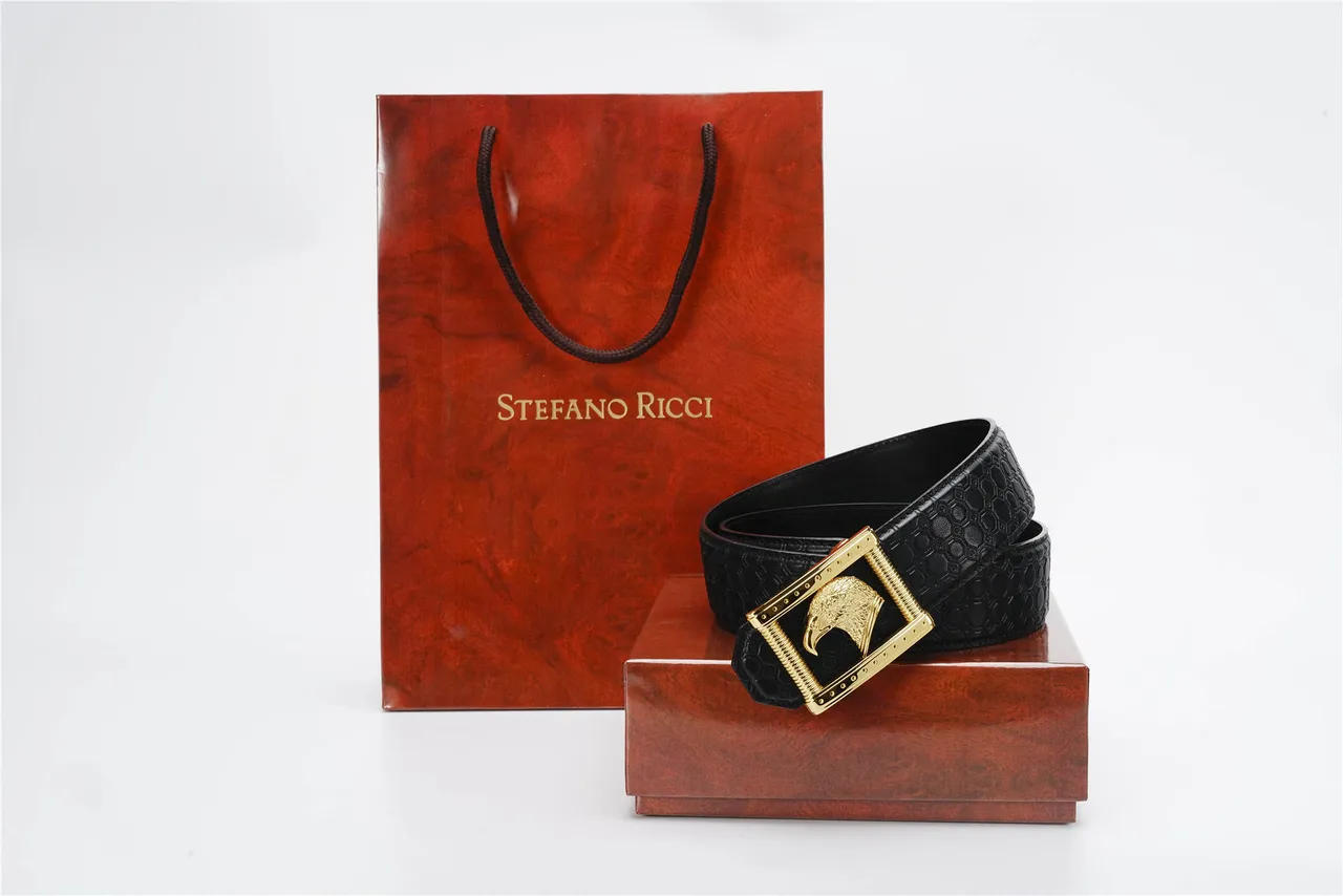 Black Gold Embossed Hexagonal Eagle Head Buckle Leather Belt 5