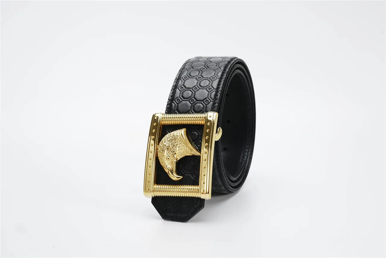 Black Gold Embossed Hexagonal Eagle Head Buckle Leather Belt 7