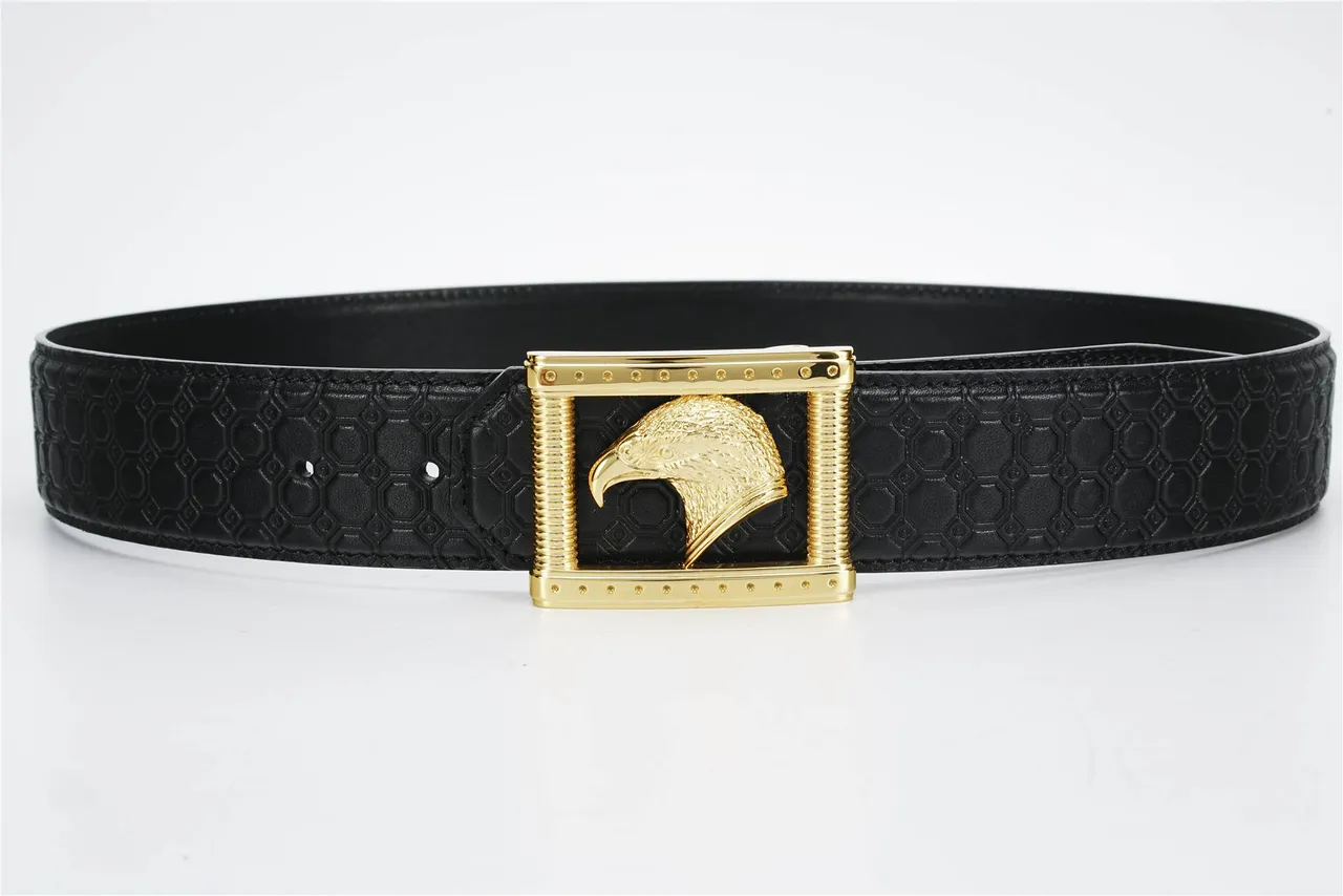 Black Gold Embossed Hexagonal Eagle Head Buckle Leather Belt 8