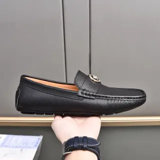 Black Gold Pebbled Leather Metal Medallion Accent Loafer