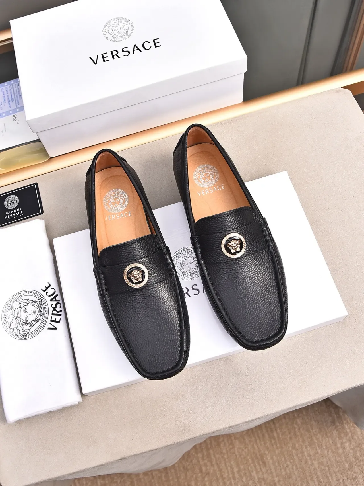 Black Gold Pebbled Leather Metal Medallion Accent Loafer 3