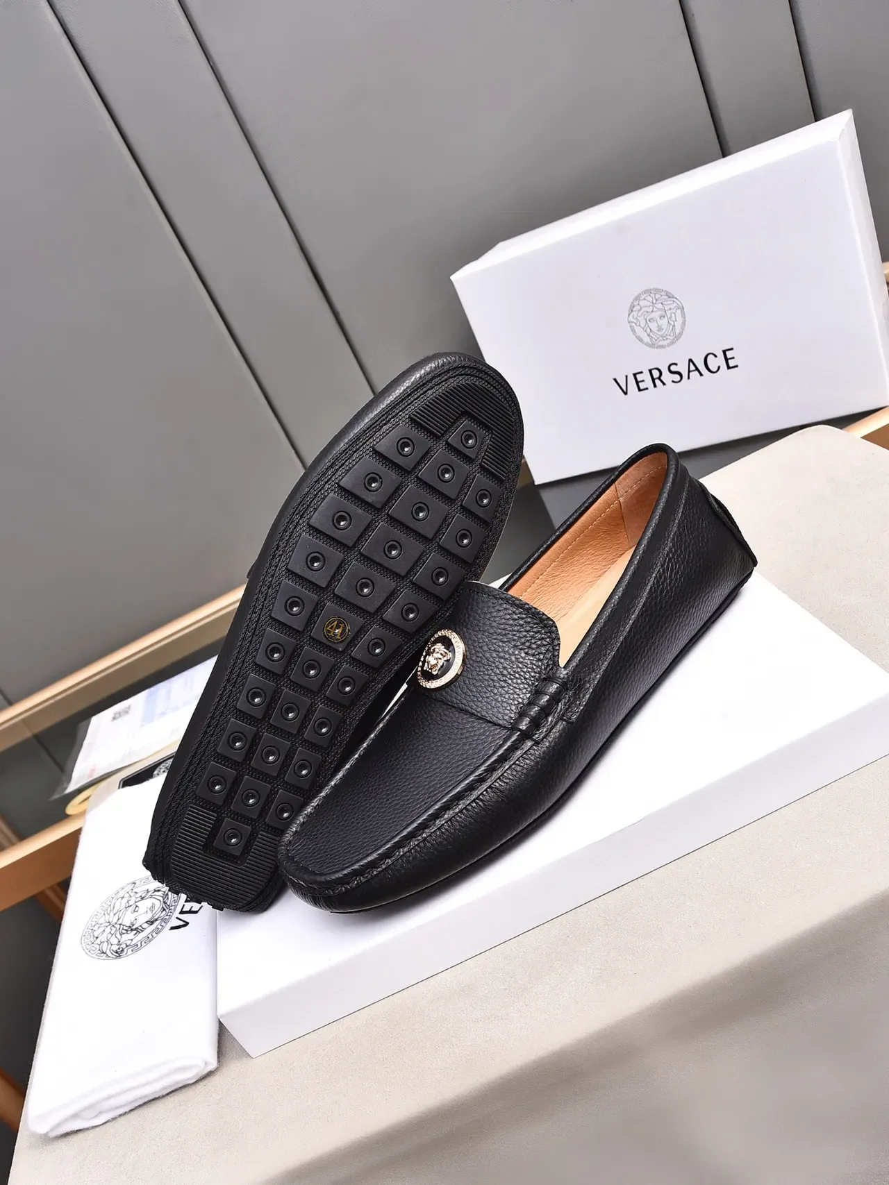Black Gold Pebbled Leather Metal Medallion Accent Loafer 4