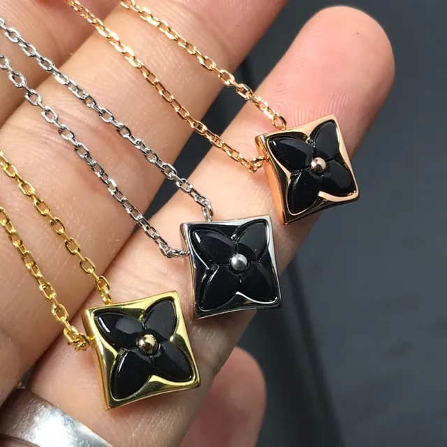 Black Gold Square Pendant Enamel Flower Necklace 2