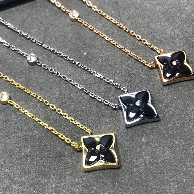 Black Gold Square Pendant Enamel Flower Necklace 3