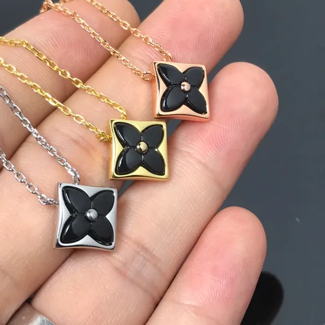Black Gold Square Pendant Enamel Flower Necklace 4