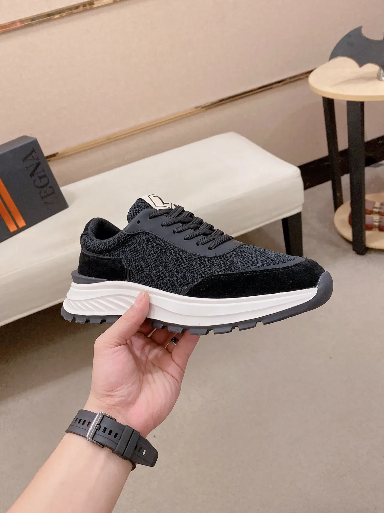 Black Knit and Suede Platform Sneaker 4