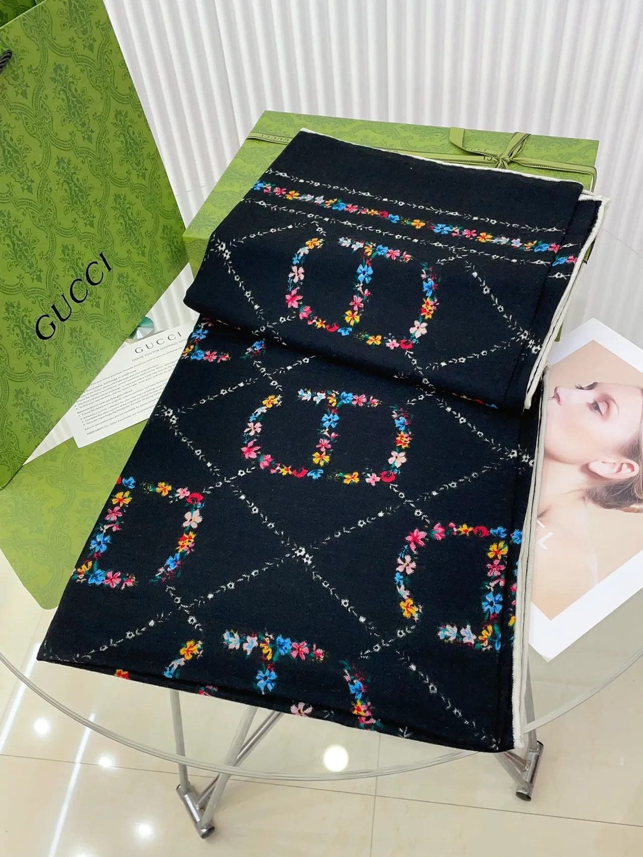 Black Multicolor Floral-Printed Border-Trimmed Scarve 6