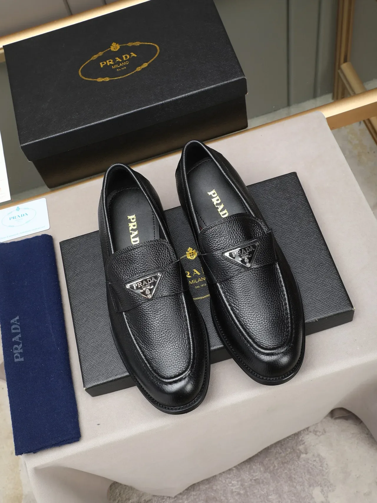 Black Pebbled Leather Strap-Accented Loafer 3
