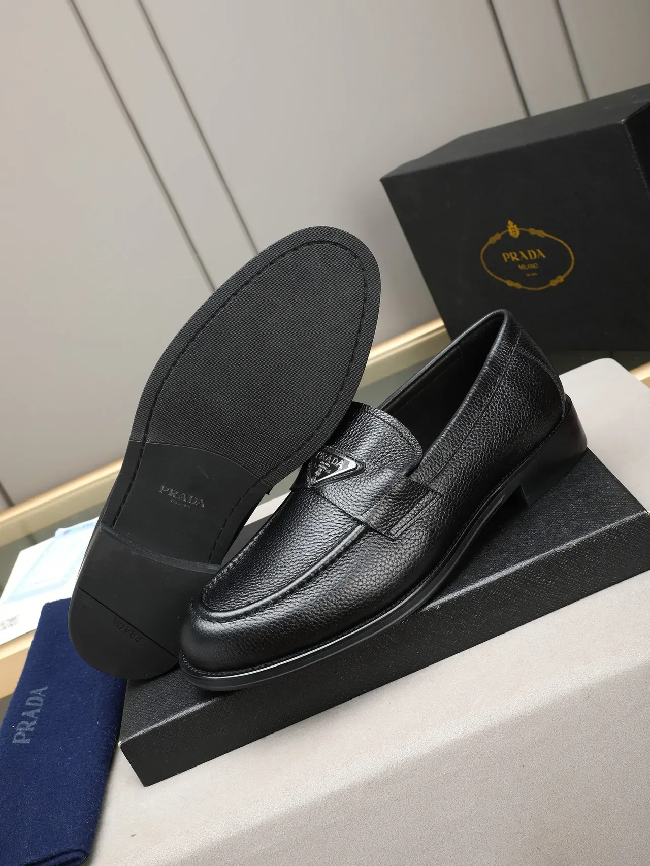 Black Pebbled Leather Strap-Accented Loafer 4
