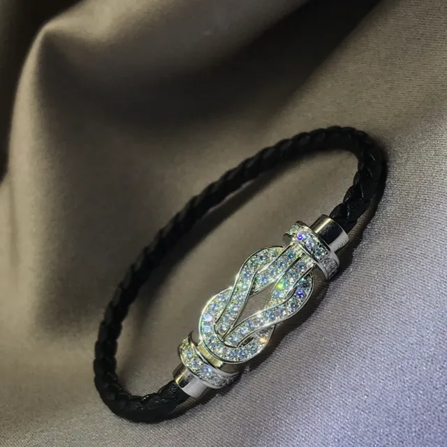 Black Red Knot-Shaped Pave Clasp Braided Leather Cord Bracelet 3