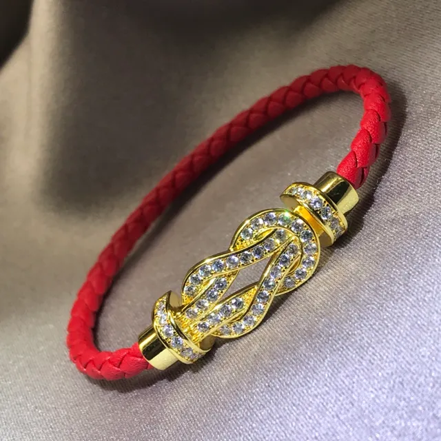 Black Red Knot-Shaped Pave Clasp Braided Leather Cord Bracelet 5