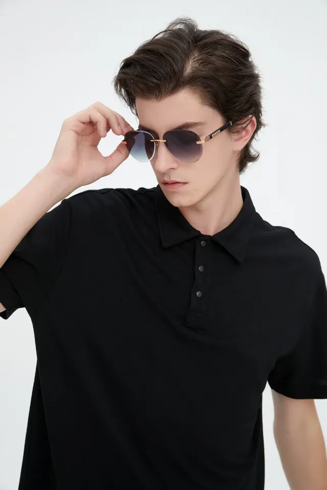 Black Ribbed Collar Three-Button Short-Sleeve Polo Shirt 4