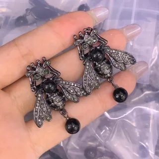 Black Silver Bee-Shaped Pavé-Crystal Wings Earrings