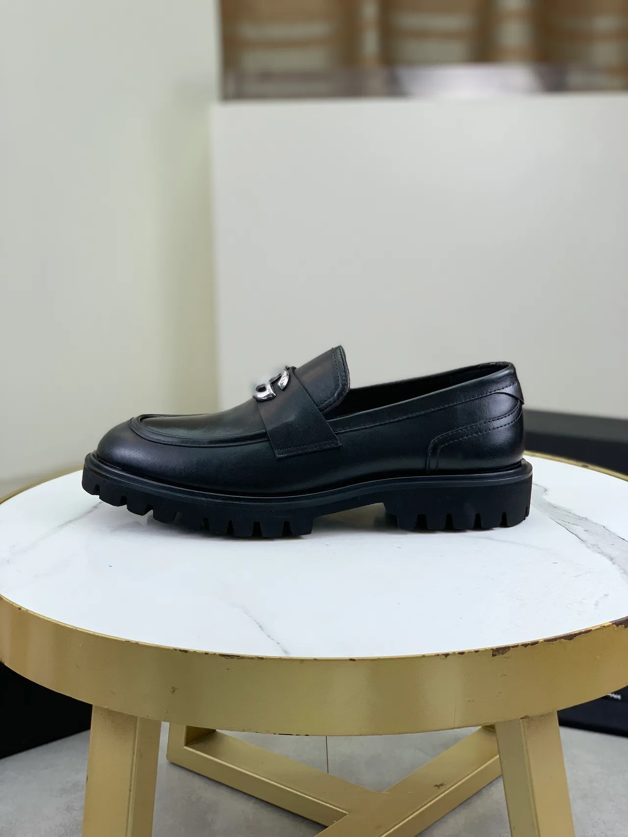 Black Silver Leather Metal Buckle Strap Loafer 6