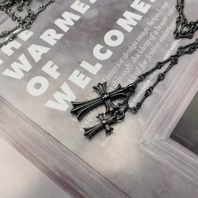 Black Silver Oxidized Metal Cross Pendant Necklace 2