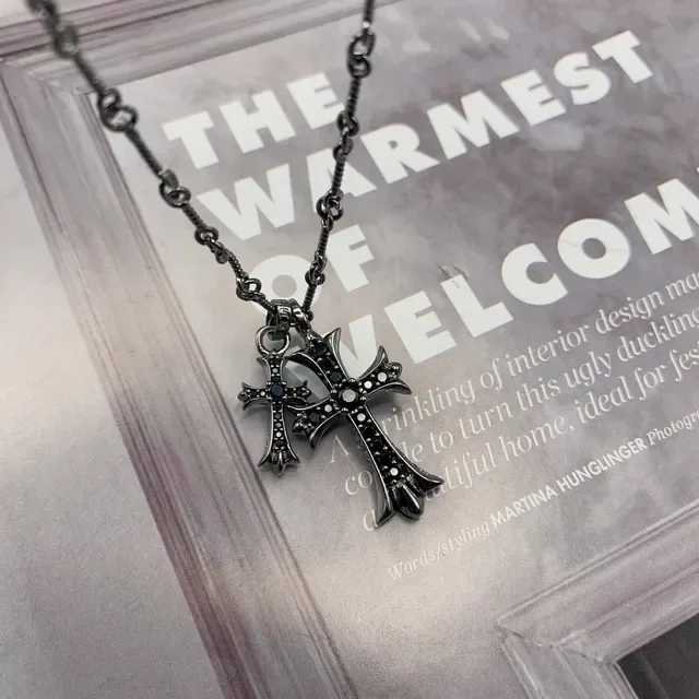 Black Silver Oxidized Metal Cross Pendant Necklace 3