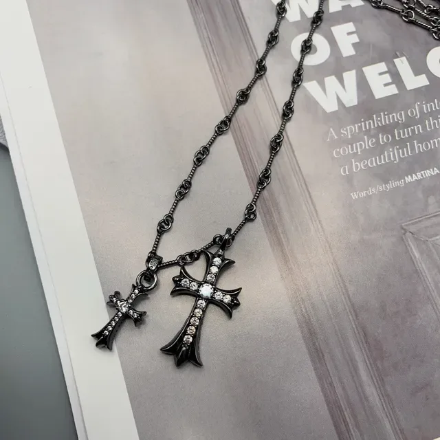 Black Silver Oxidized Metal Cross Pendant Necklace 4