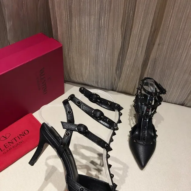Black Silver Pointed Toe Multi-Strap Cage Design Stiletto 5