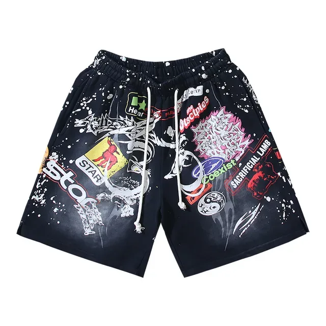 Black Splatter-Effect Graphic Patchwork Drawstring Shorts 2