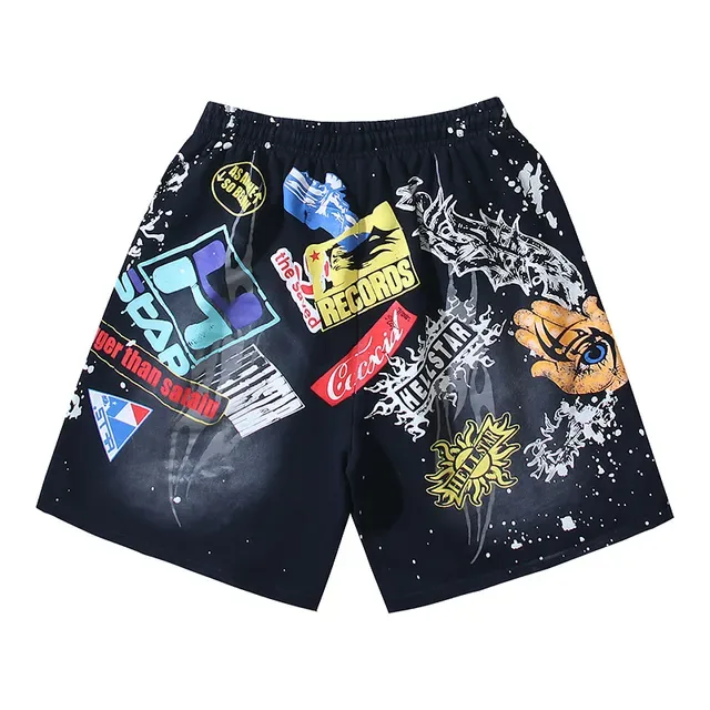 Black Splatter-Effect Graphic Patchwork Drawstring Shorts 3