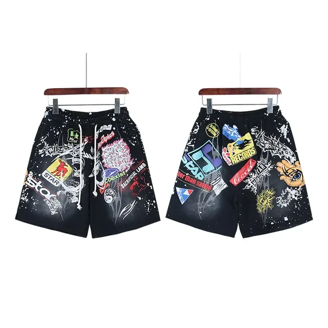 Black Splatter-Effect Graphic Patchwork Drawstring Shorts 4