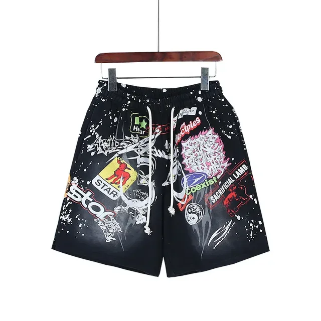 Black Splatter-Effect Graphic Patchwork Drawstring Shorts 5