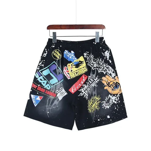 Black Splatter-Effect Graphic Patchwork Drawstring Shorts 6