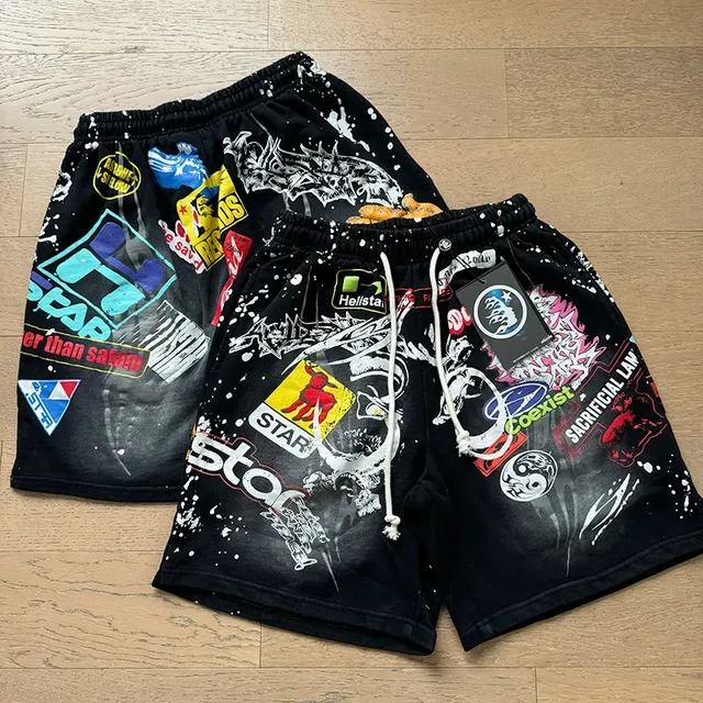 Black Splatter-Effect Graphic Patchwork Drawstring Shorts 8