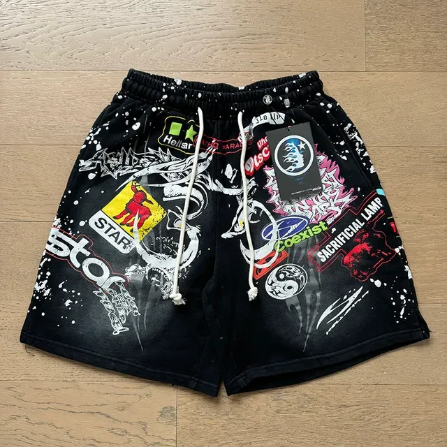 Black Splatter-Effect Graphic Patchwork Drawstring Shorts 9