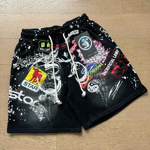 Black Splatter-Effect Graphic Patchwork Drawstring Shorts 11