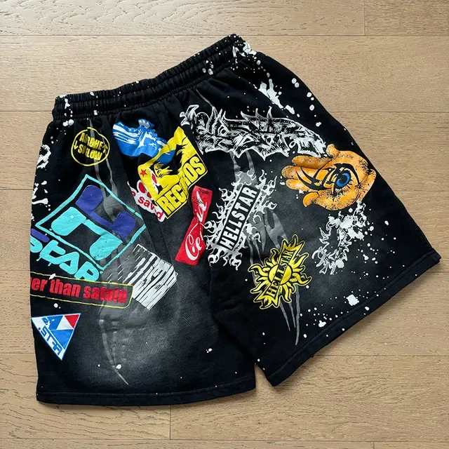 Black Splatter-Effect Graphic Patchwork Drawstring Shorts 12
