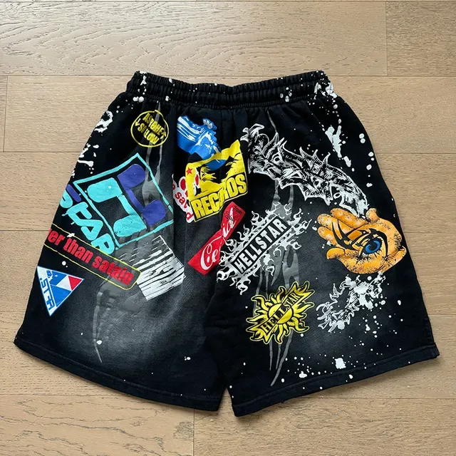 Black Splatter-Effect Graphic Patchwork Drawstring Shorts 13