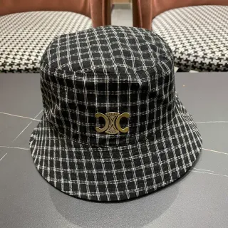 Black White Plaid Pattern Metal Logo Badge Bucket Hat