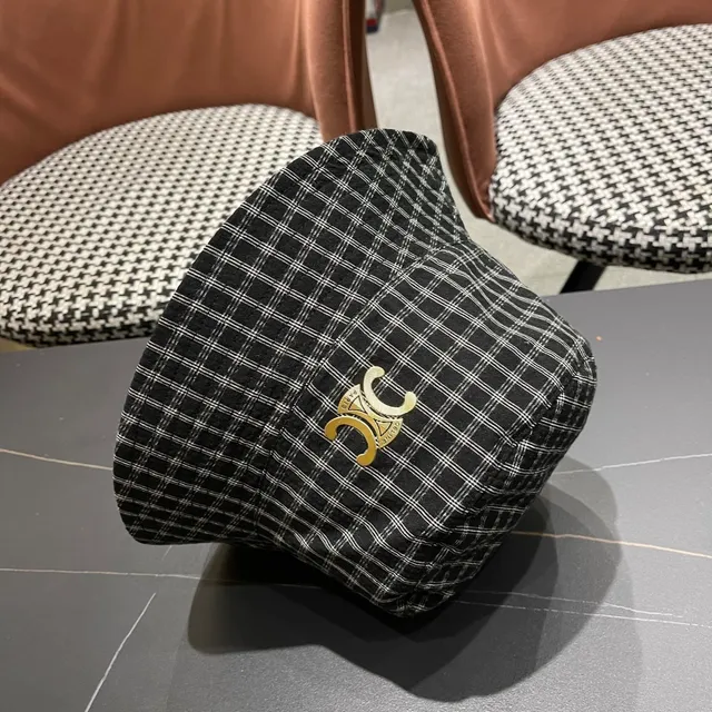 Black White Plaid Pattern Metal Logo Badge Bucket Hat 2