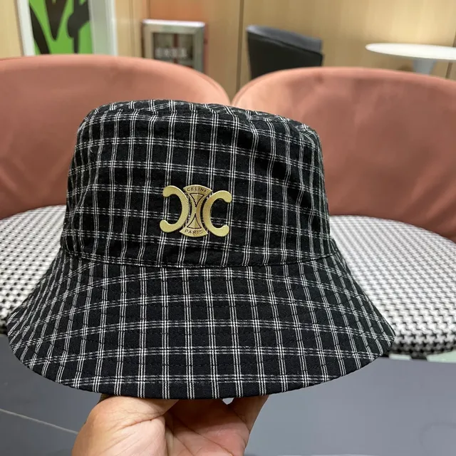 Black White Plaid Pattern Metal Logo Badge Bucket Hat 4