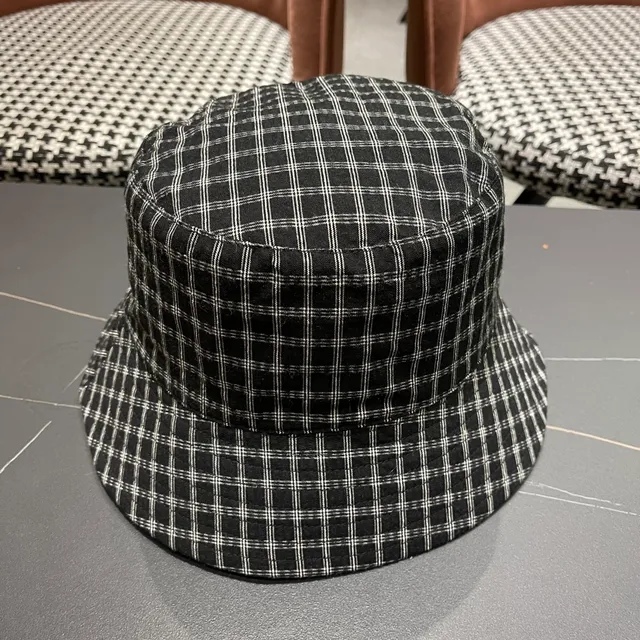 Black White Plaid Pattern Metal Logo Badge Bucket Hat 7