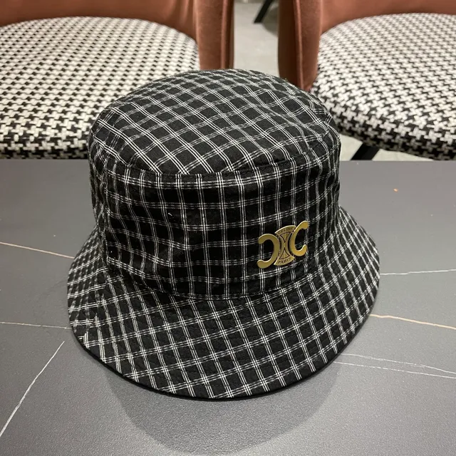 Black White Plaid Pattern Metal Logo Badge Bucket Hat 8