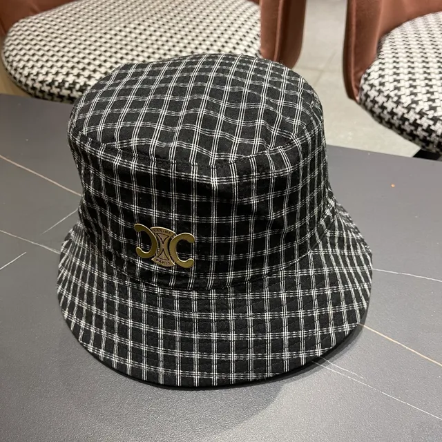 Black White Plaid Pattern Metal Logo Badge Bucket Hat 9