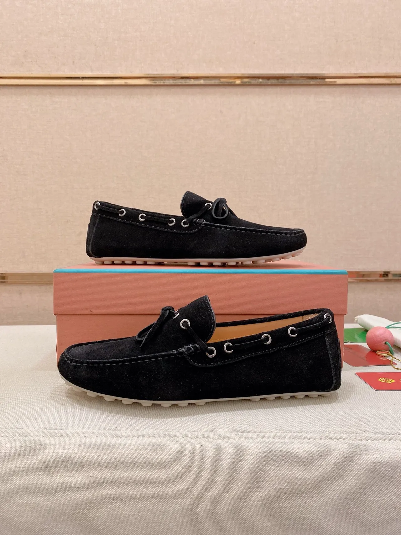 Black White Suede Moc-Toe Stitching Loafer 7