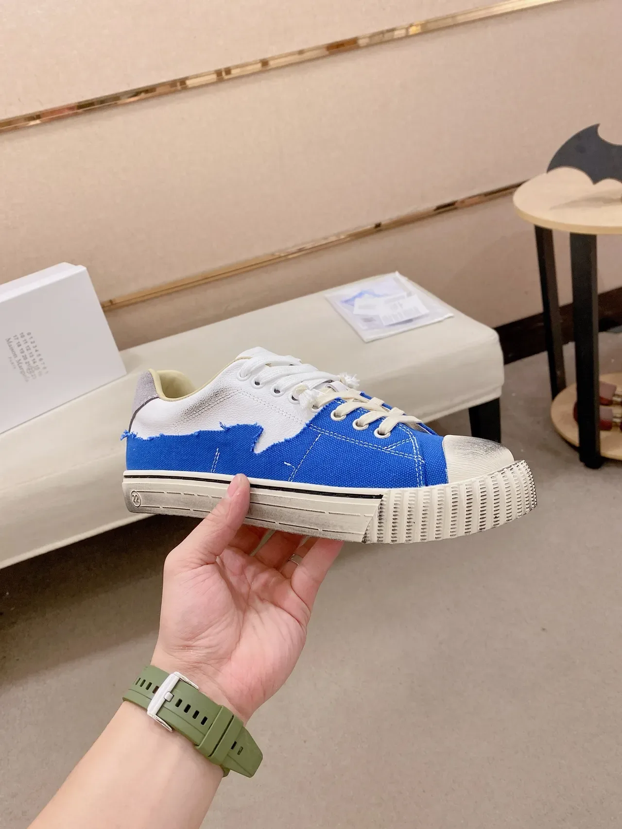 Blue and White Deconstructed Canvas Platform Sneaker 4