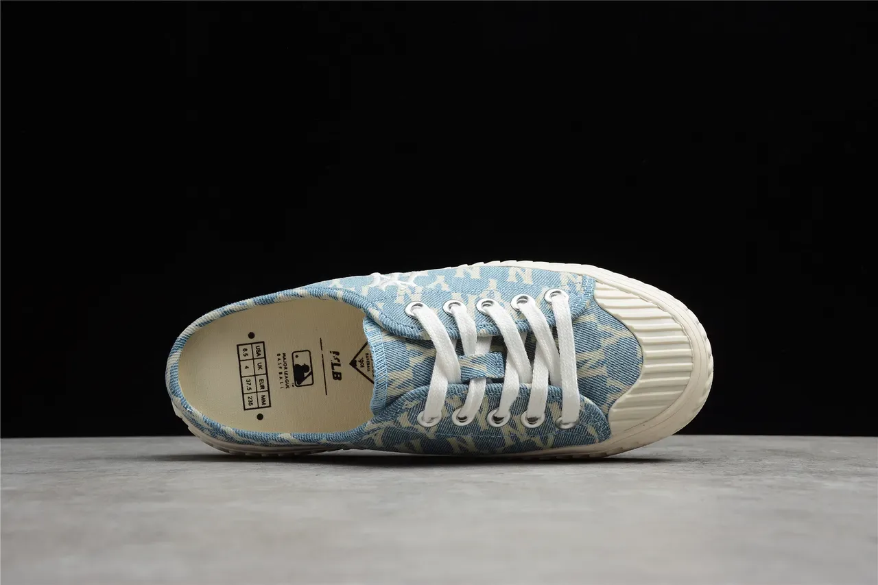 Blue Beige Denim-Print Mule-Style Slip-On Canvas Shoes 4