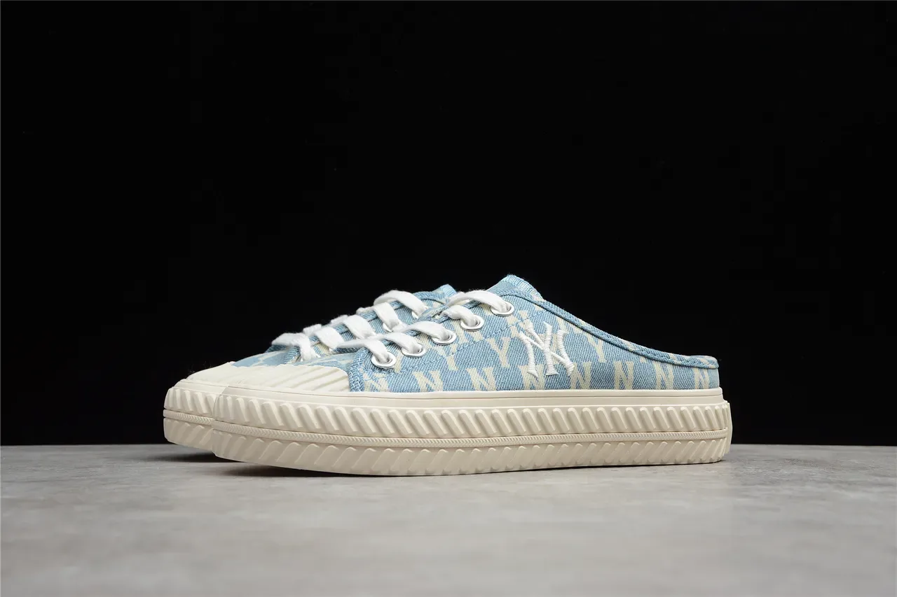 Blue Beige Denim-Print Mule-Style Slip-On Canvas Shoes 6