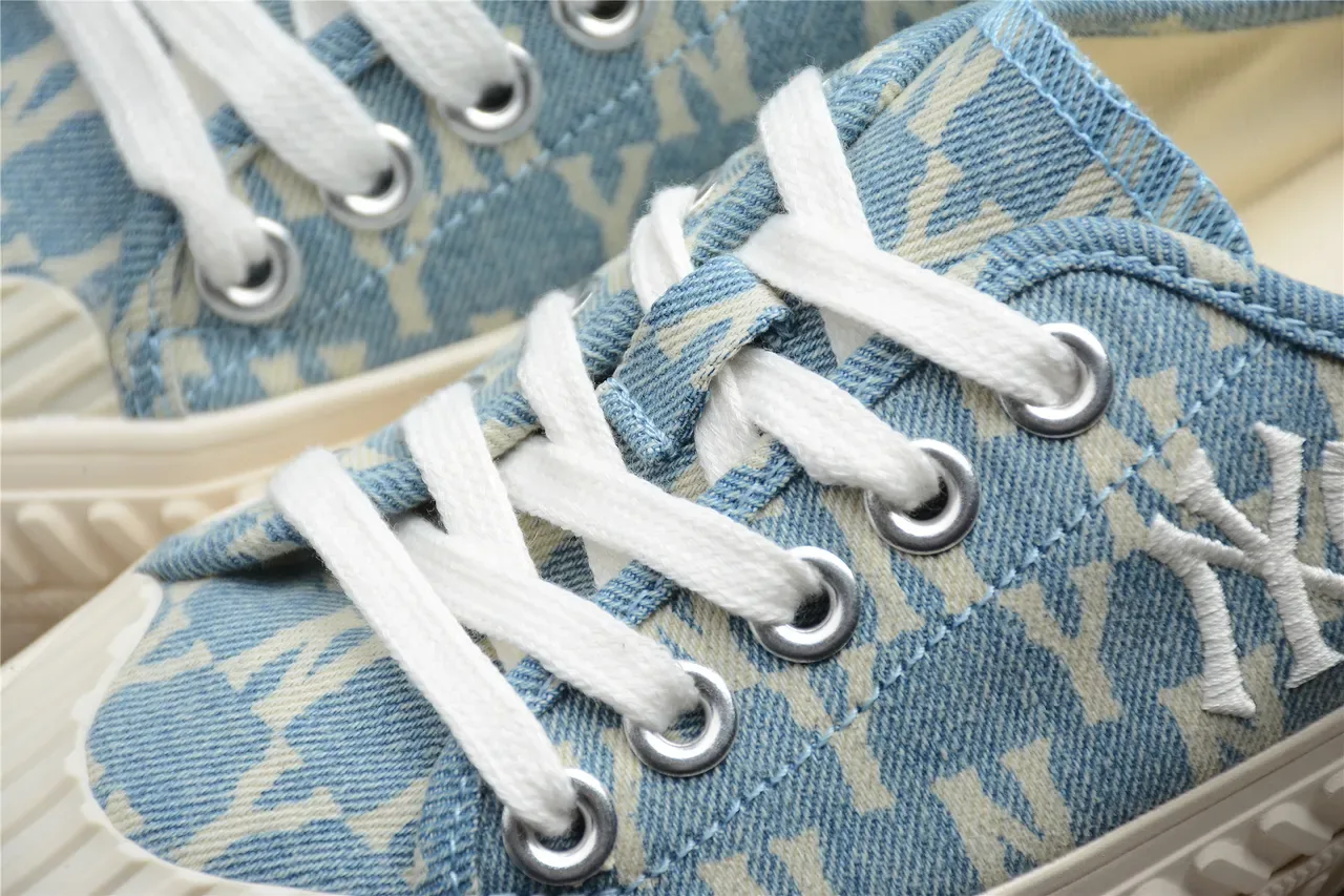 Blue Beige Denim-Print Mule-Style Slip-On Canvas Shoes 12