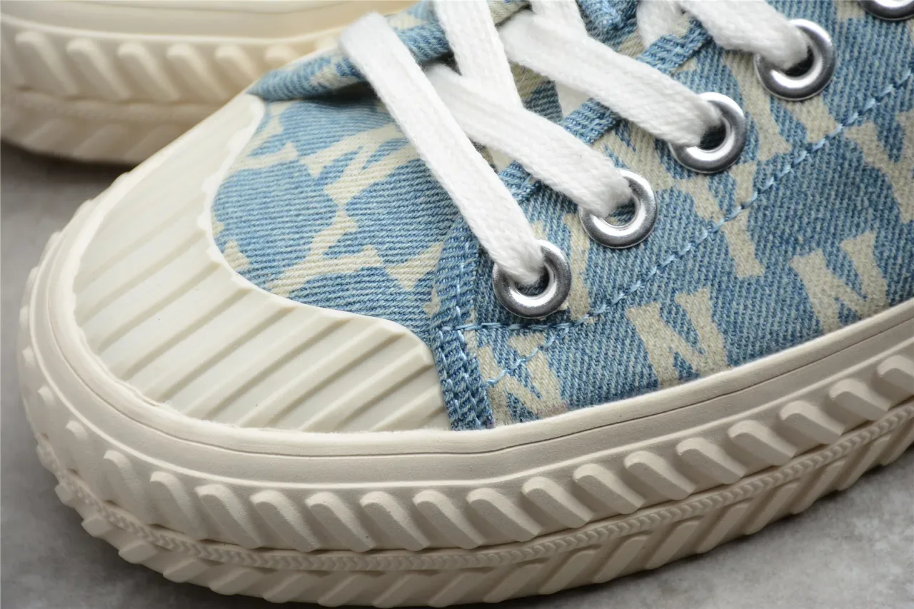 Blue Beige Denim-Print Mule-Style Slip-On Canvas Shoes 13