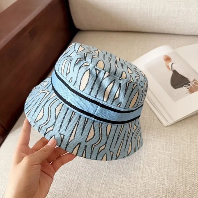 Chapeau bucket à bord plat imprimé géométrique abstrait bleu beige 8