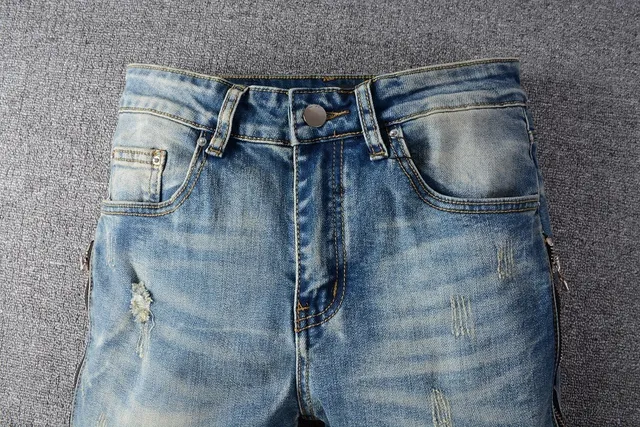 Blue Black Distressed Light-Wash Denim Knee Panel Construction Jeans 3
