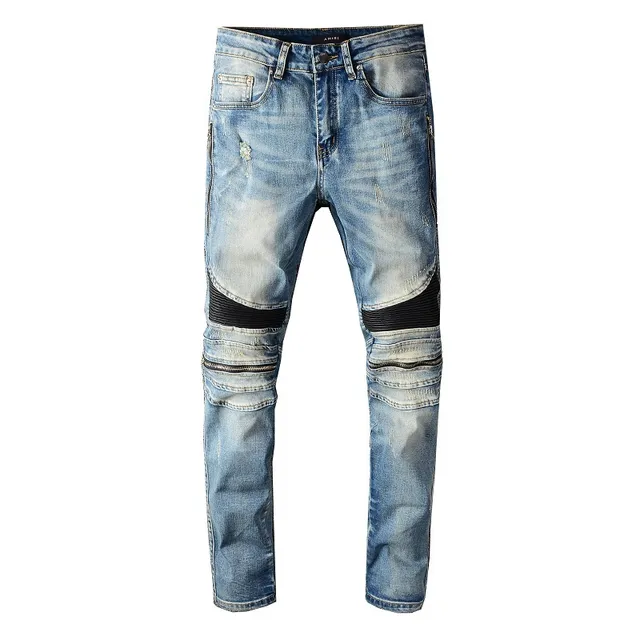 Blue Black Distressed Light-Wash Denim Knee Panel Construction Jeans 4
