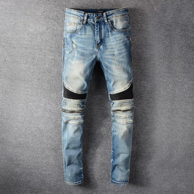 Blue Black Distressed Light-Wash Denim Knee Panel Construction Jeans 5