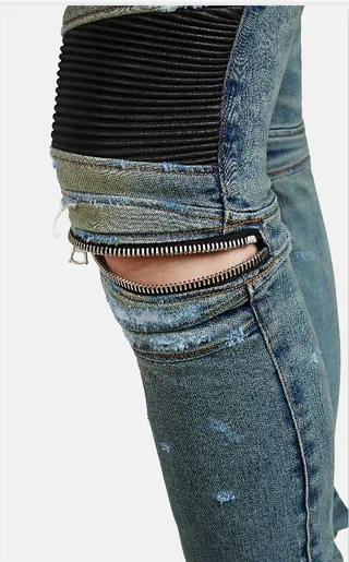 Blue Black Distressed Light-Wash Denim Knee Panel Construction Jeans 6