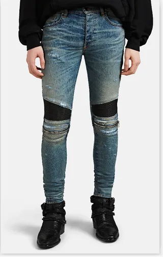 Blue Black Distressed Light-Wash Denim Knee Panel Construction Jeans 10